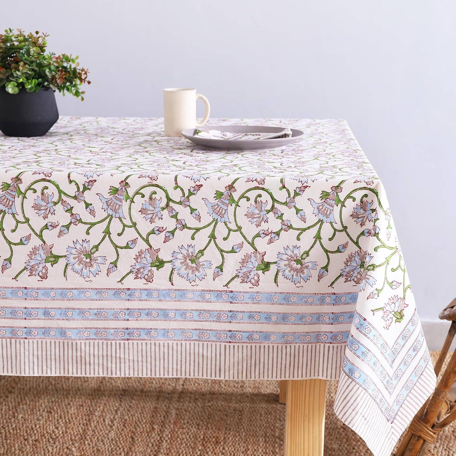 White Grey Cotton Hand Block Printed Dining Table Cloth
