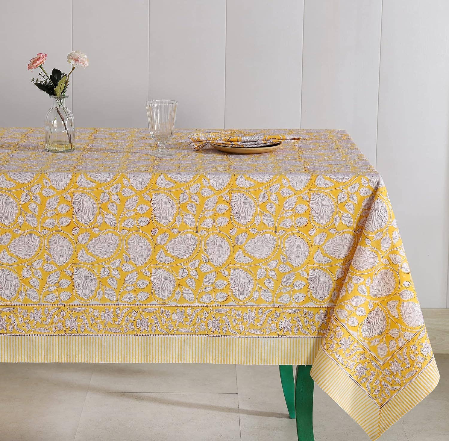 Yellow Floral Hand Block Printed Dining Table Cloth