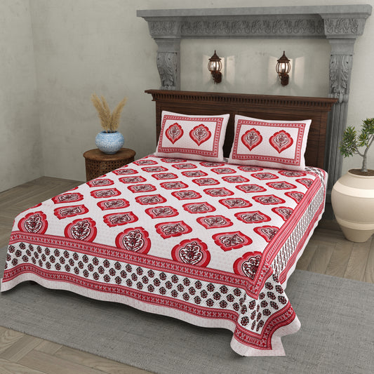 Red Mughal Motif - Double Size - 100% Cotton Bedsheet