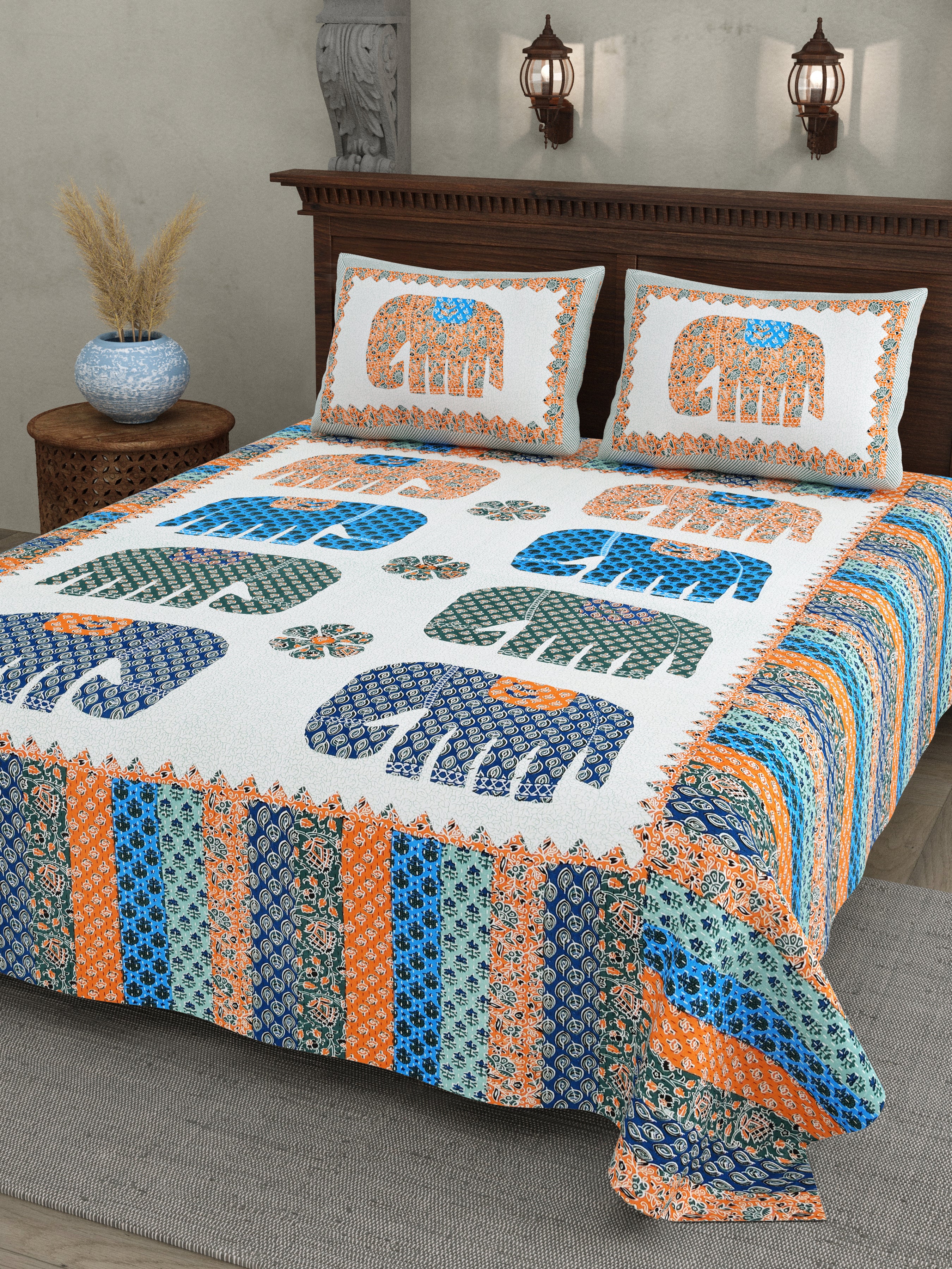 Saffron Royale Elephant Motif Cotton Bedsheet