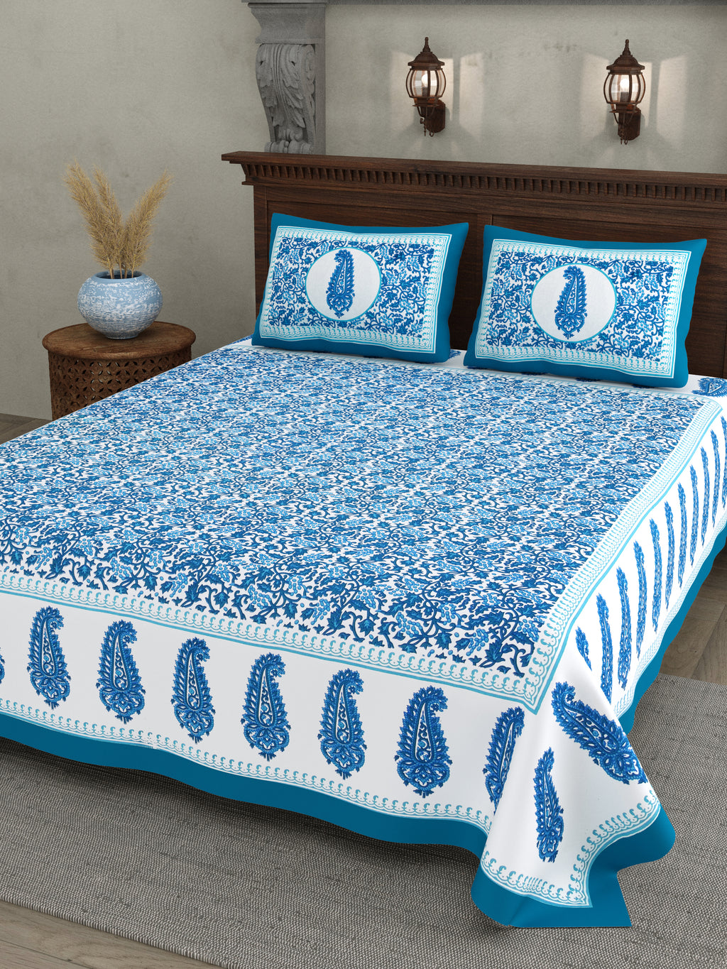 Paisley Buta Cotton Bedsheet – Turquoise Blue Royal Charm