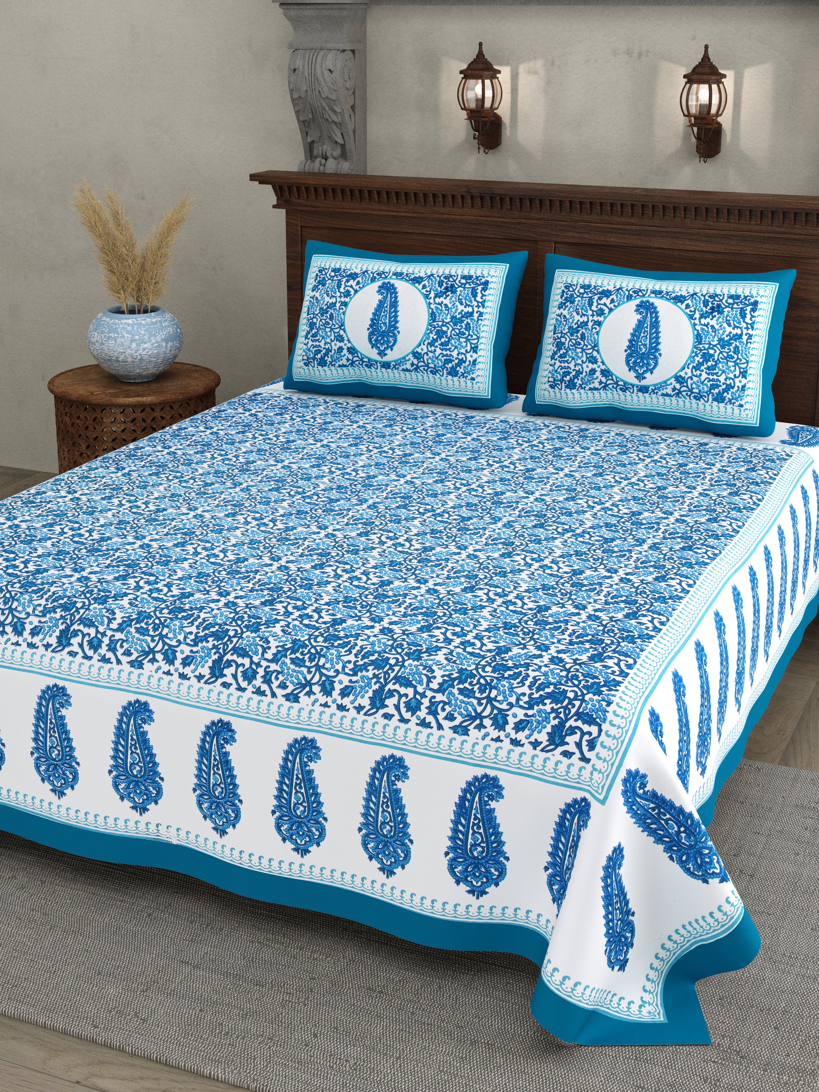 Paisley Buta Cotton Bedsheet – Turquoise Blue Royal Charm