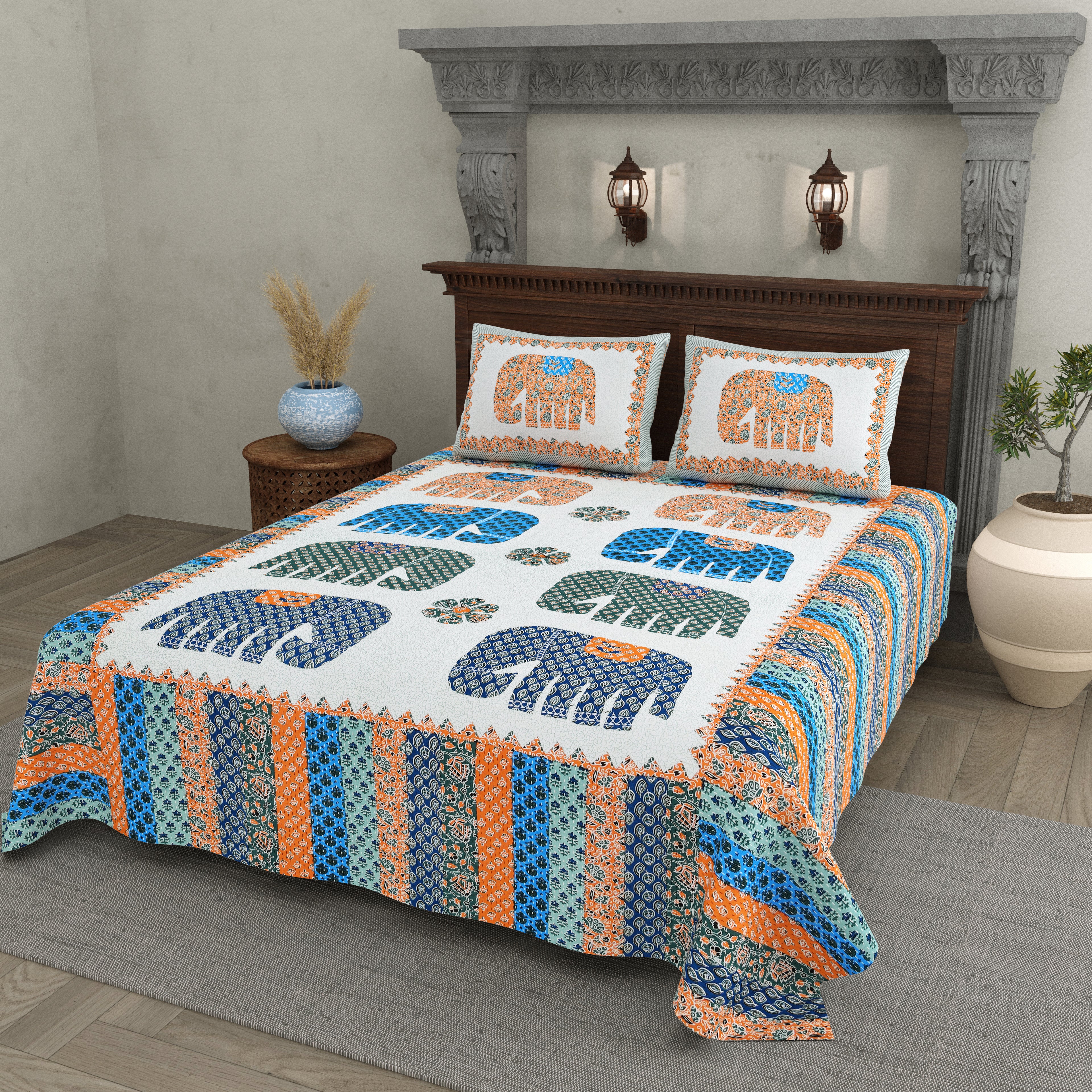 Saffron Royale Elephant Motif Cotton Bedsheet