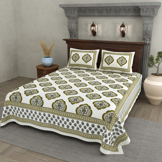 Olive Green Mughal Motif - Double Size -  100% Cotton Bedsheet