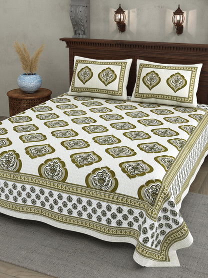 Olive Green Mughal Motif - Double Size -  100% Cotton Bedsheet