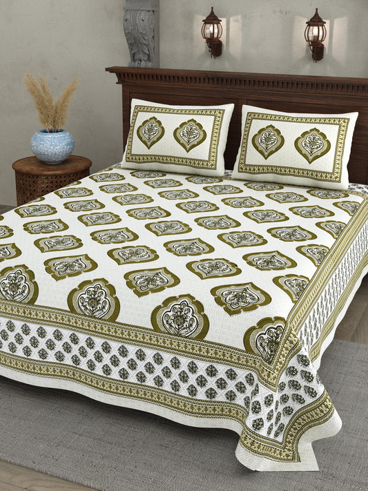 Olive Green Mughal Motif - Double Size -  100% Cotton Bedsheet