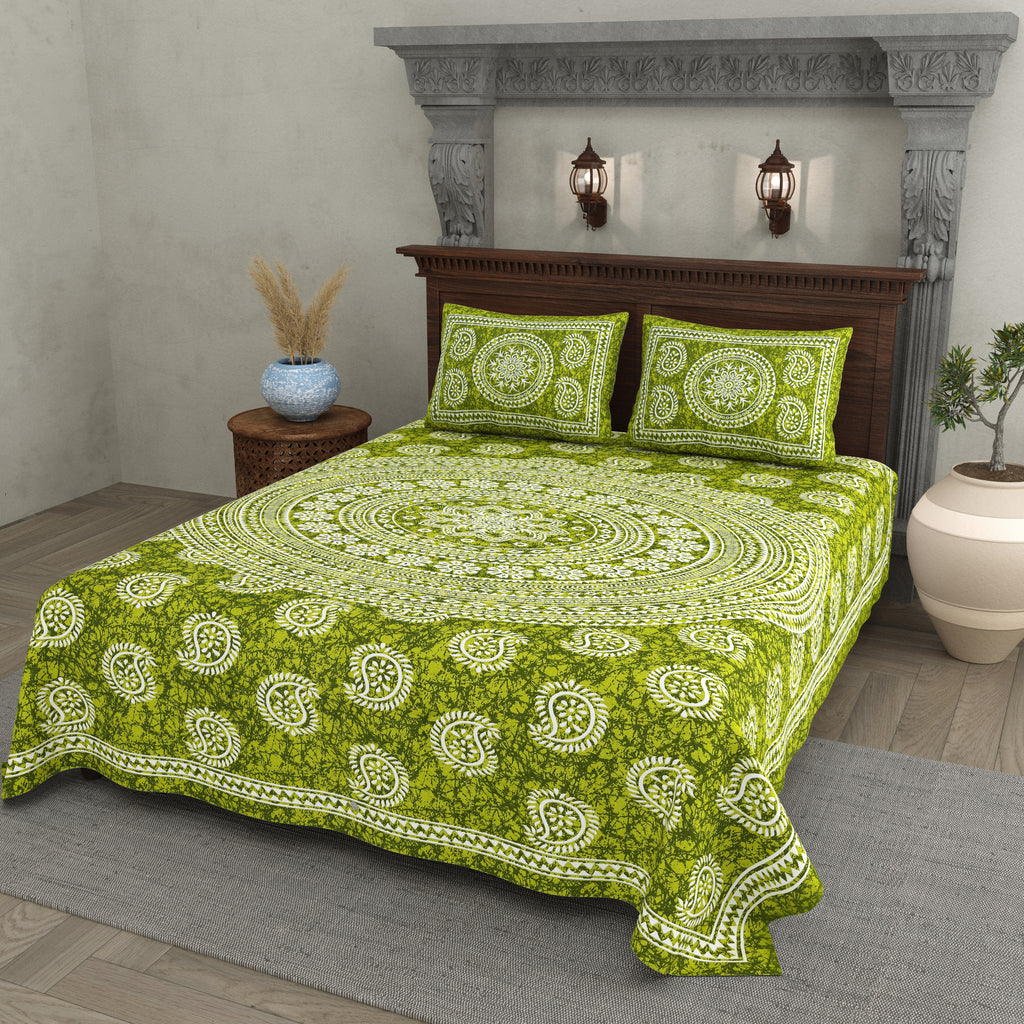Green Paisley Mandala Print Cotton Bedsheet