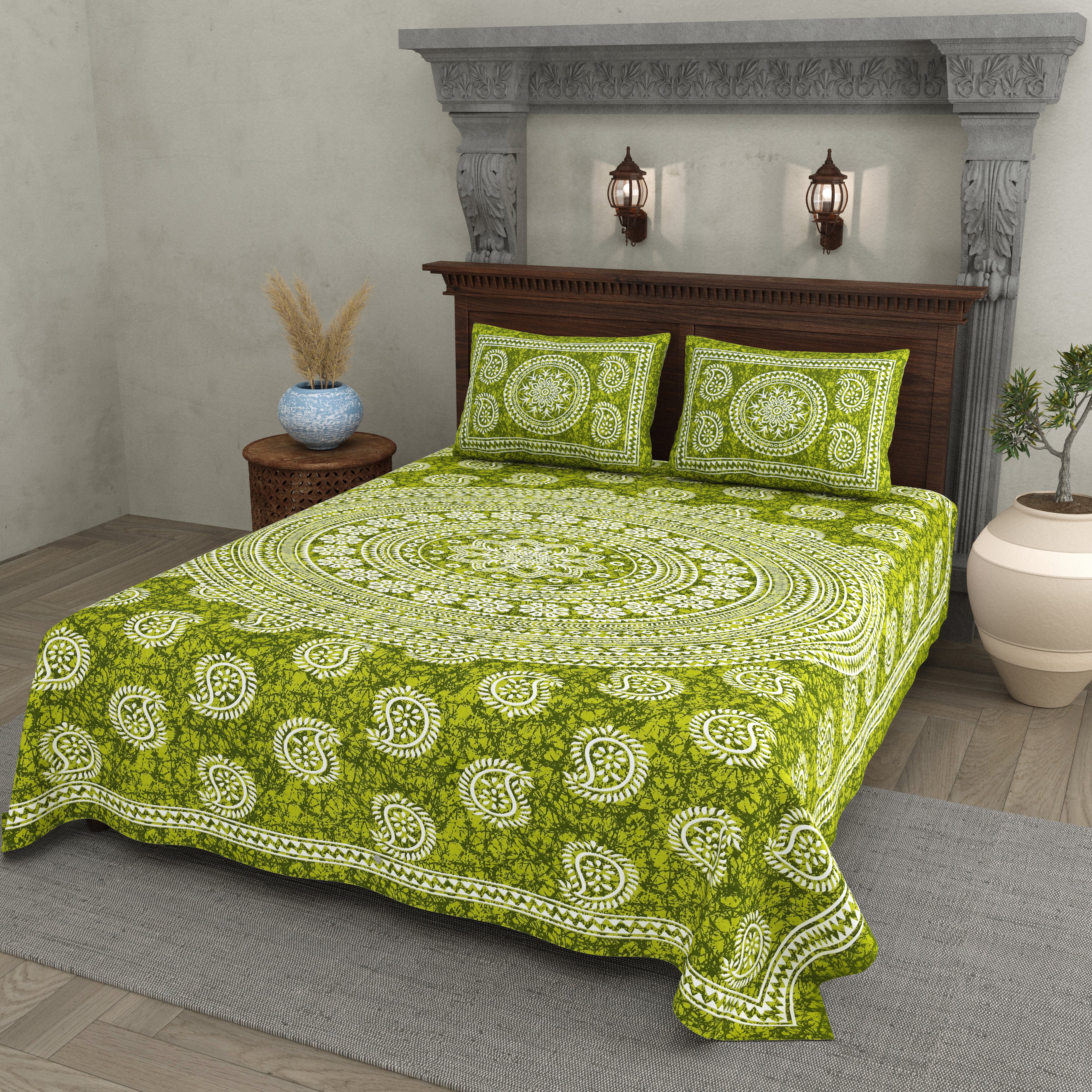Green Paisley Mandala Print Cotton Bedsheet