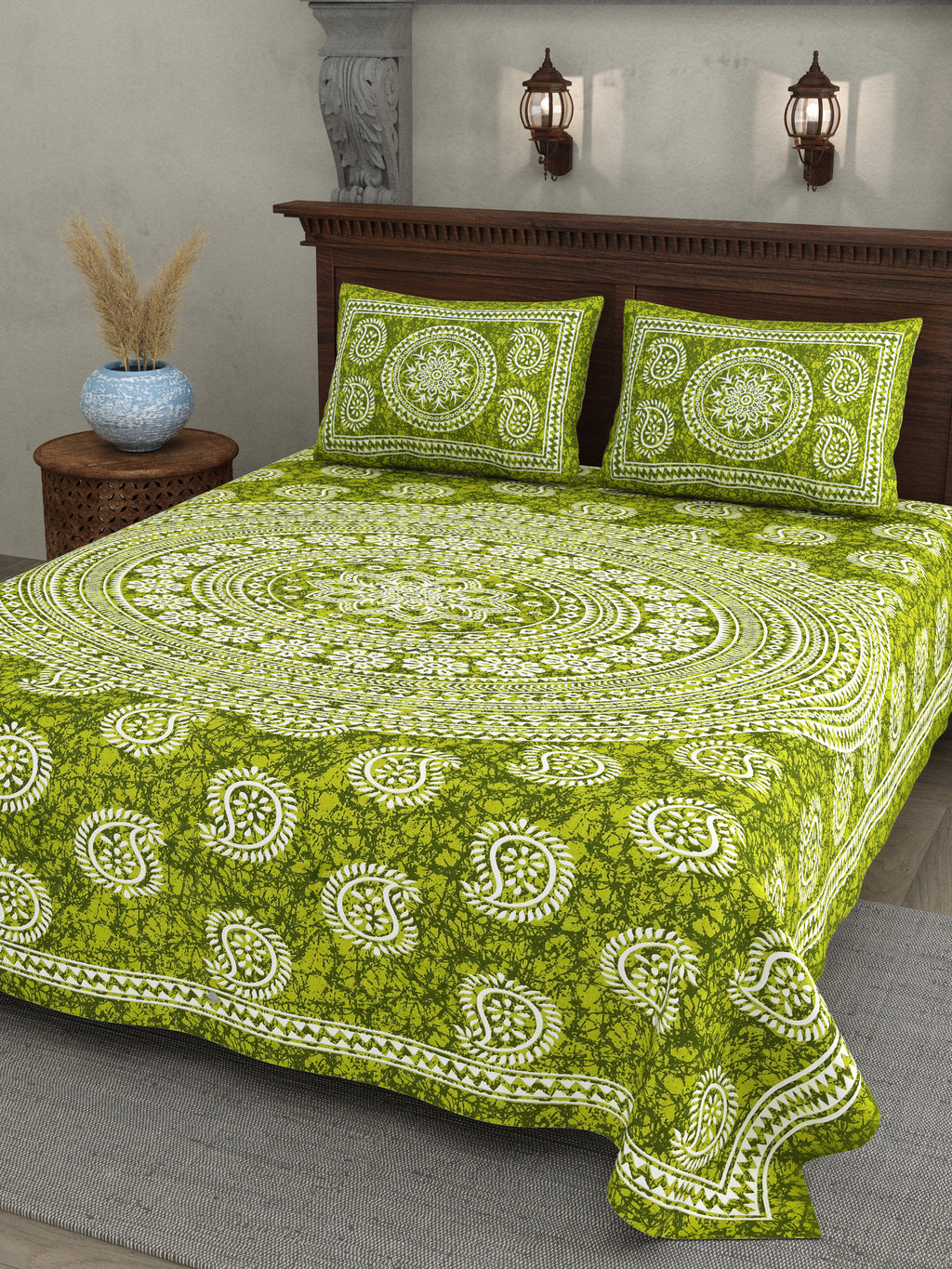 Green Paisley Mandala Print Cotton Bedsheet