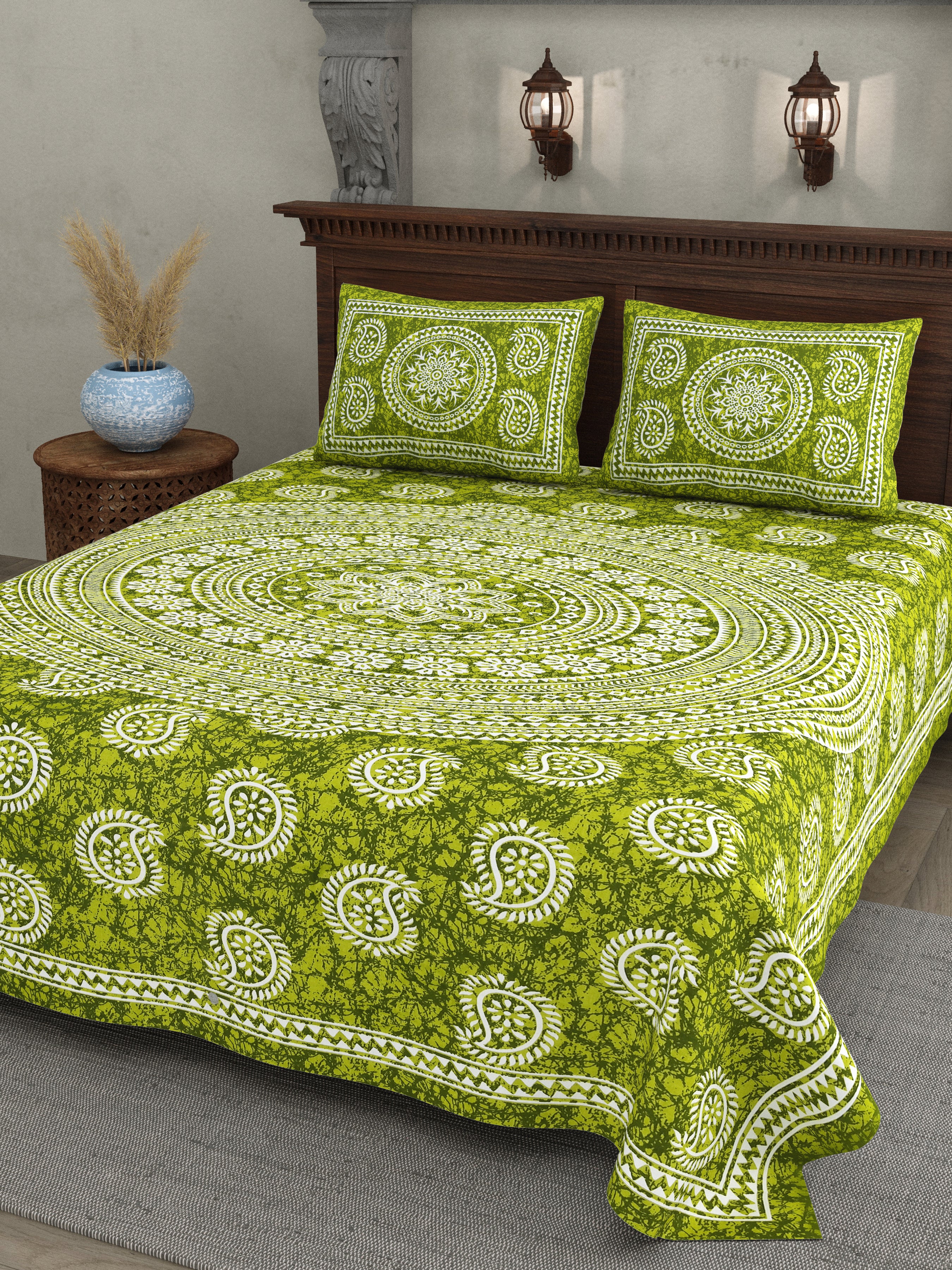 Green Paisley Mandala Print Cotton Bedsheet