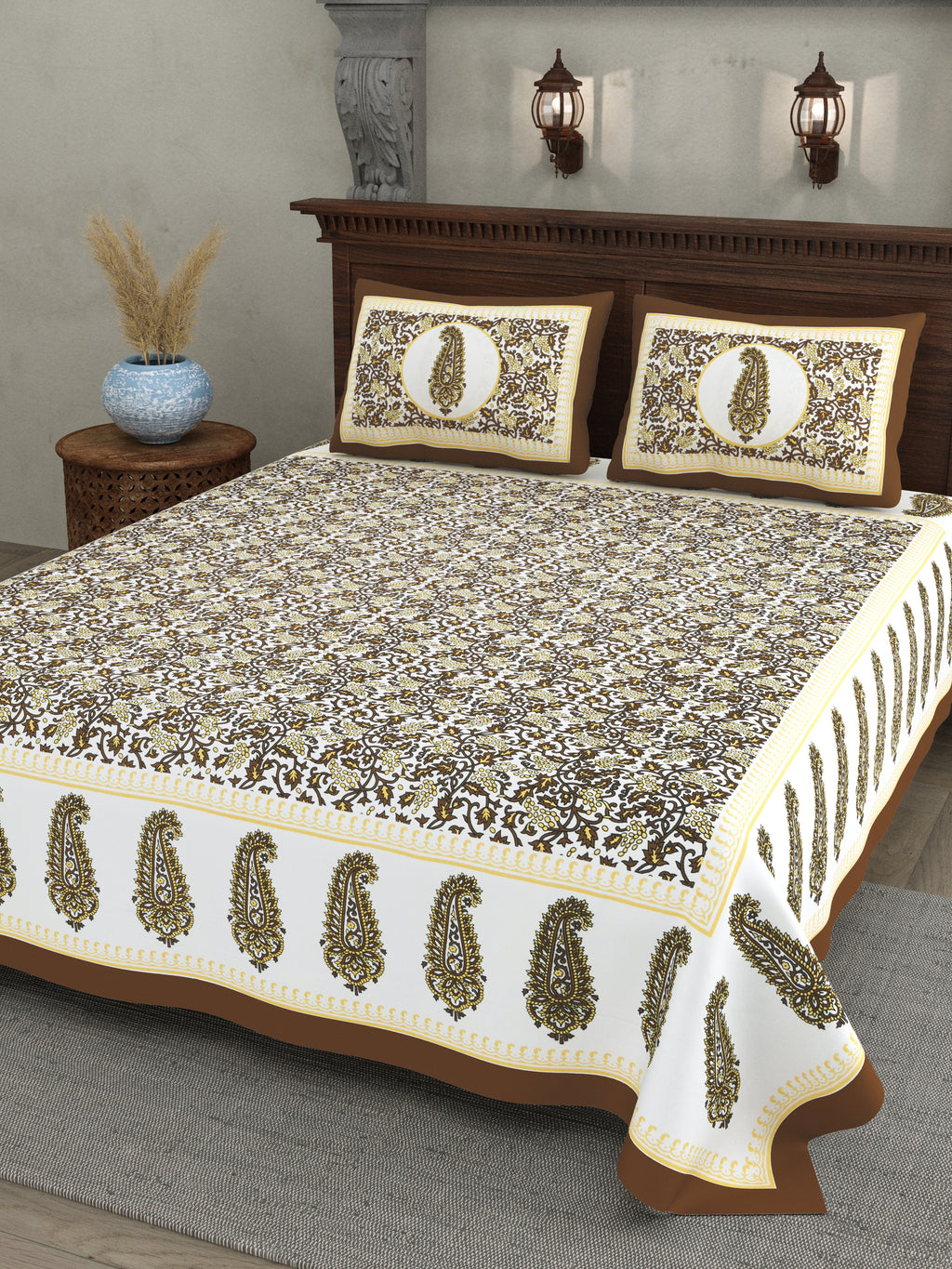 Paisley Buta Cotton Bedsheet – Antique Gold & Coffee Elegance