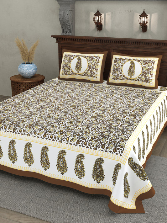 Paisley Buta Cotton Bedsheet – Antique Gold & Coffee Elegance