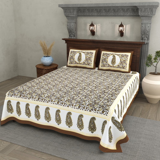 Paisley Buta Cotton Bedsheet – Antique Gold & Coffee Elegance