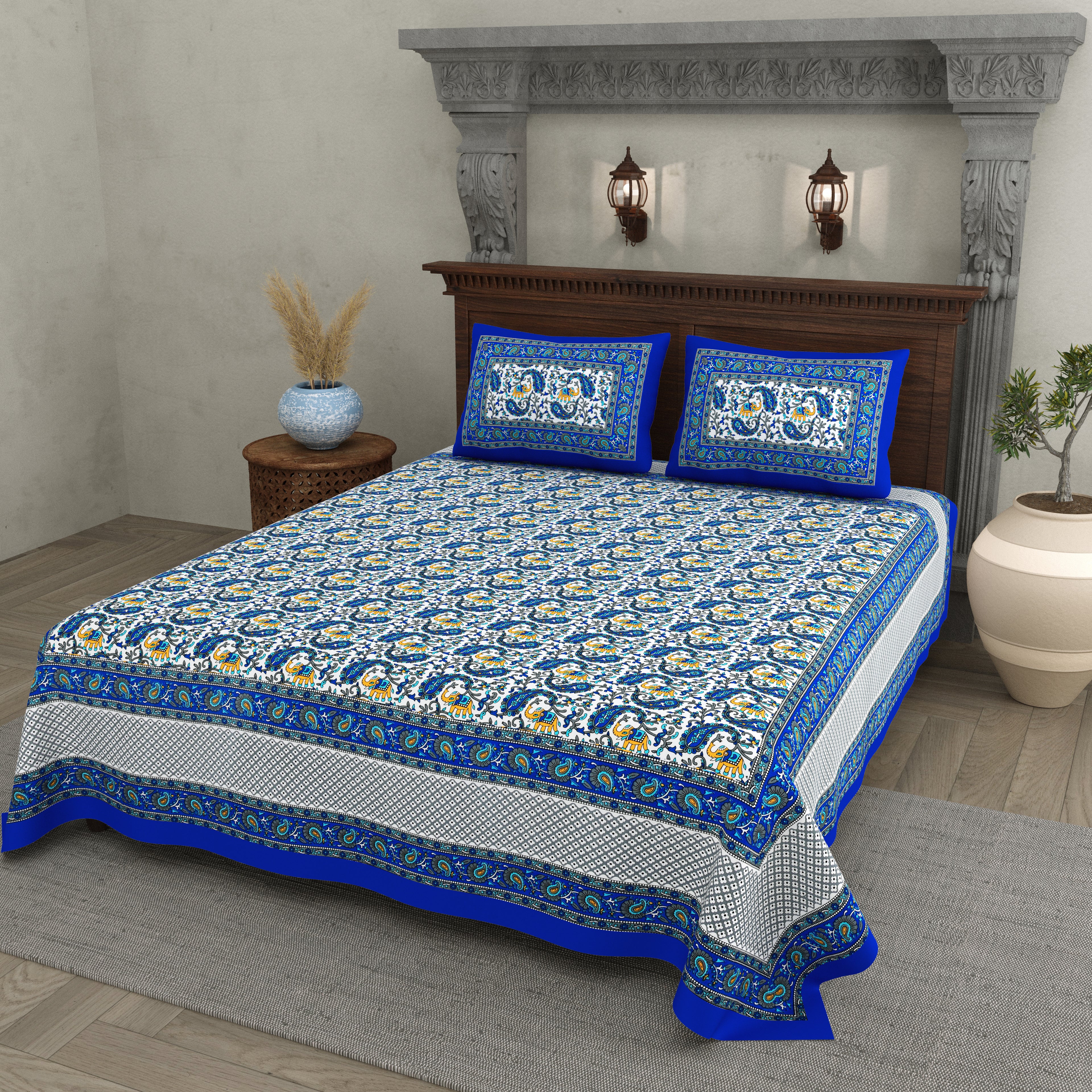 Royal Blue Reverie – Majestic Elephant Print Bedsheet in Pure Cotton