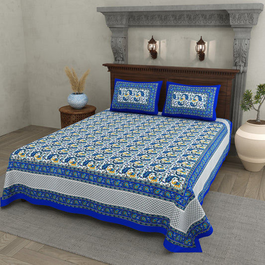 Royal Blue Reverie – Majestic Elephant Print Bedsheet in Pure Cotton