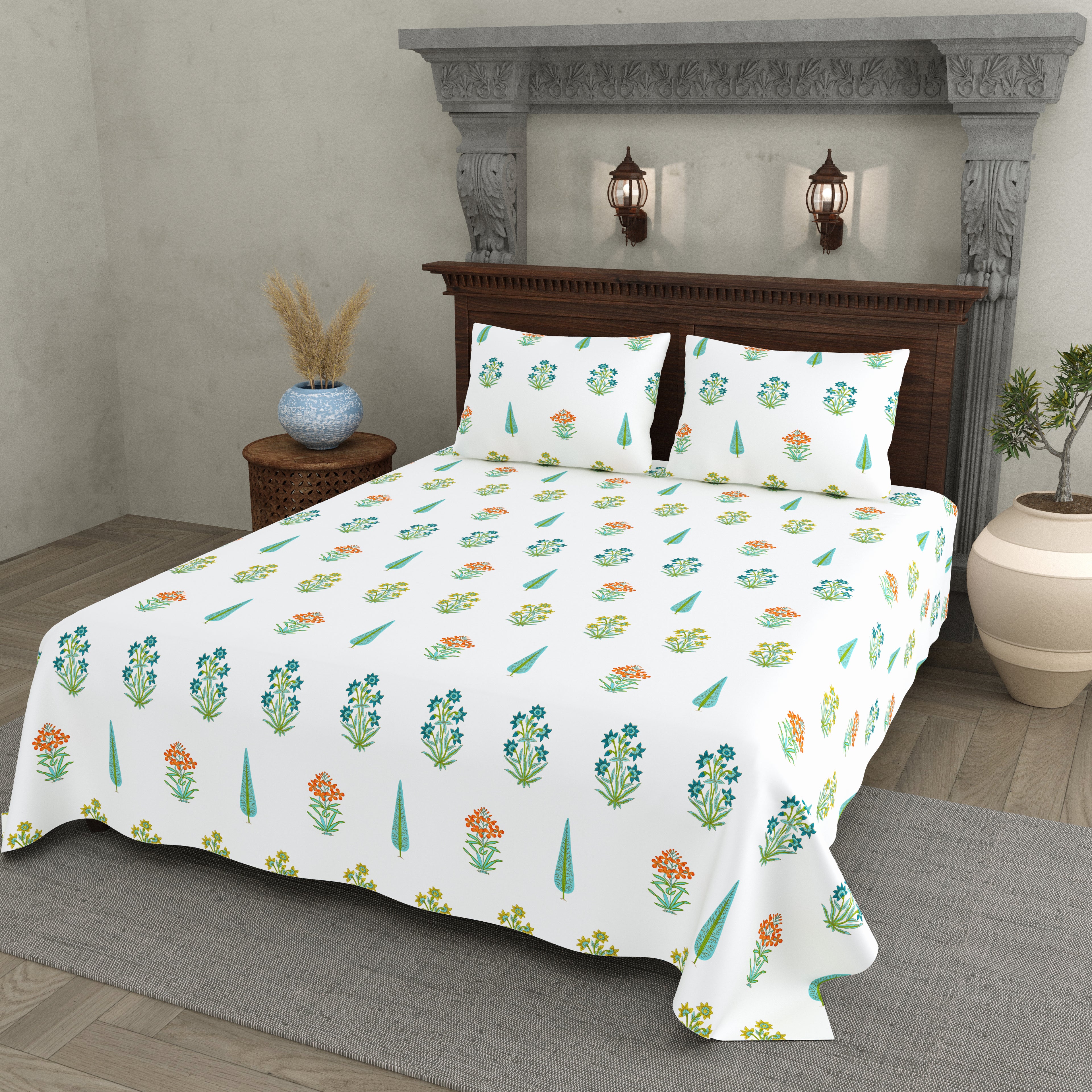 Turquoise Leaf Block Print Super King Bedsheet