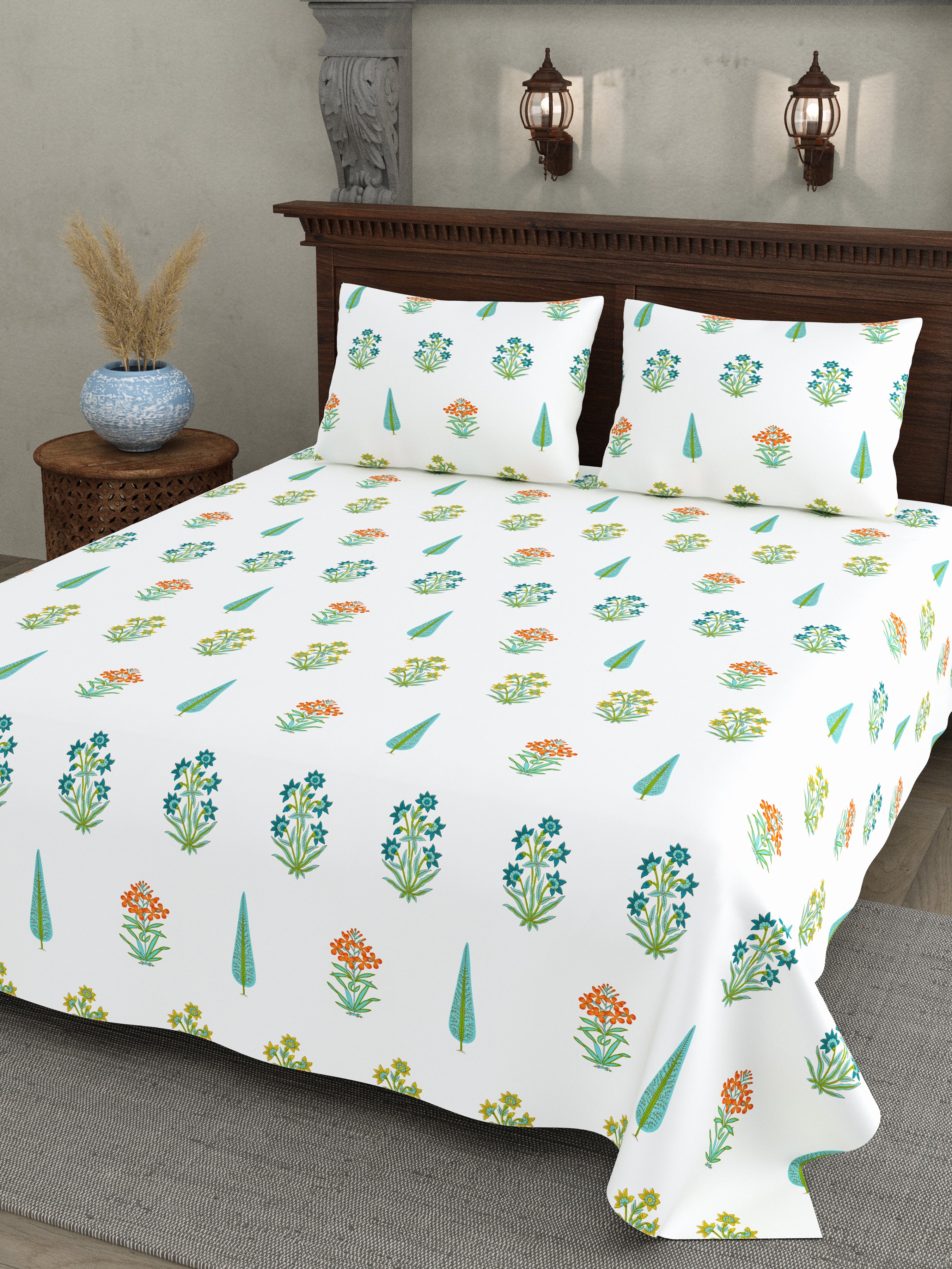 Turquoise Leaf Block Print Super King Bedsheet