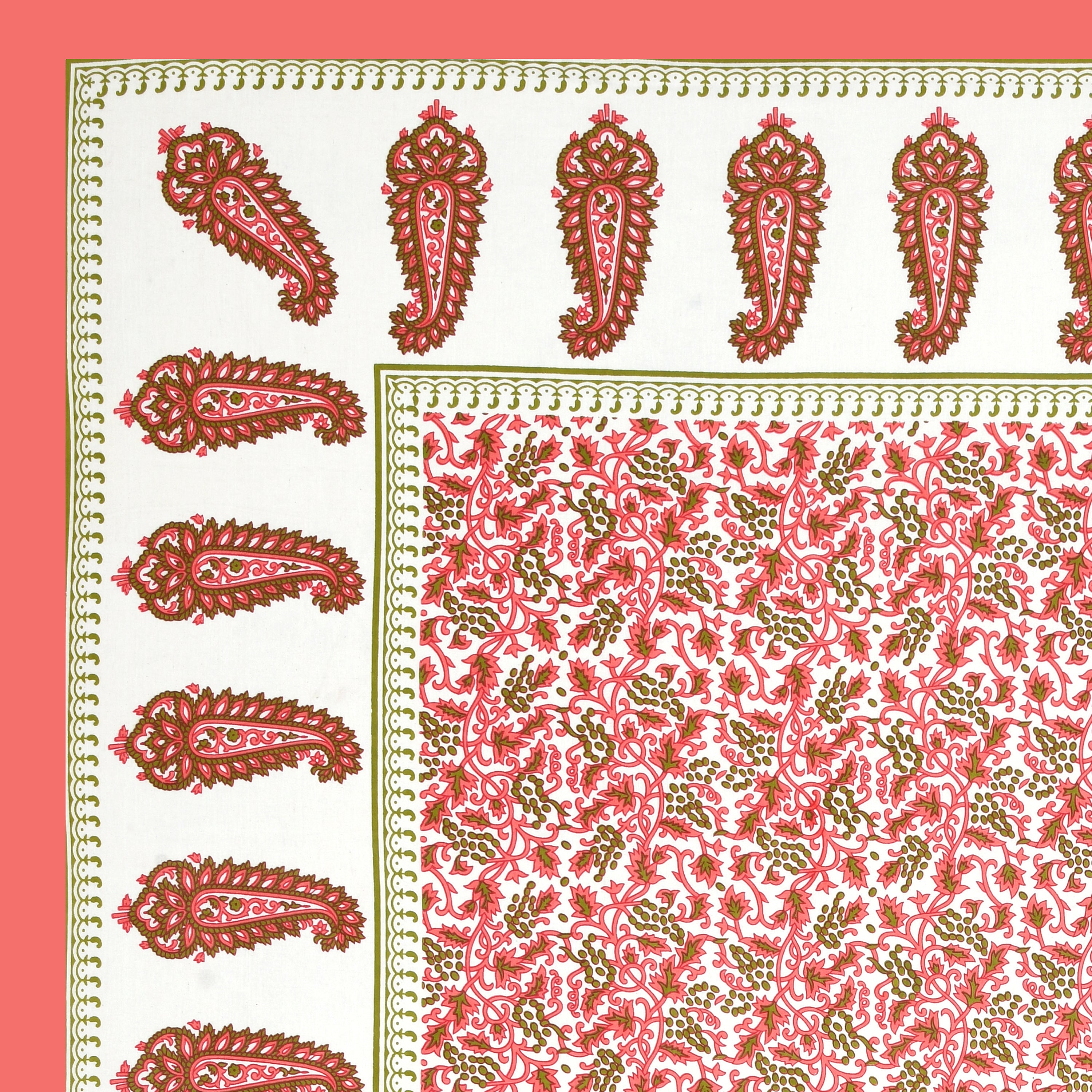 Paisley Buta Cotton Bedsheet – Coral & Olive Heritage Charm