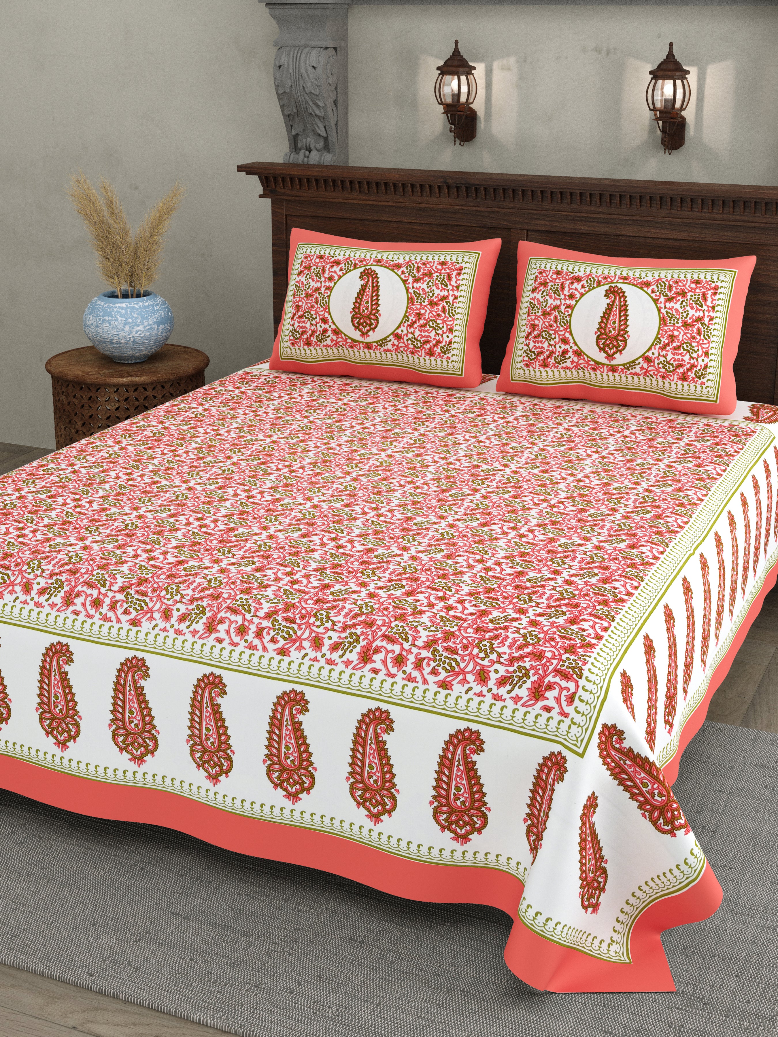 Paisley Buta Cotton Bedsheet – Coral & Olive Heritage Charm