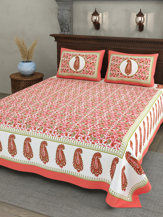 Paisley Buta Cotton Bedsheet – Coral & Olive Heritage Charm