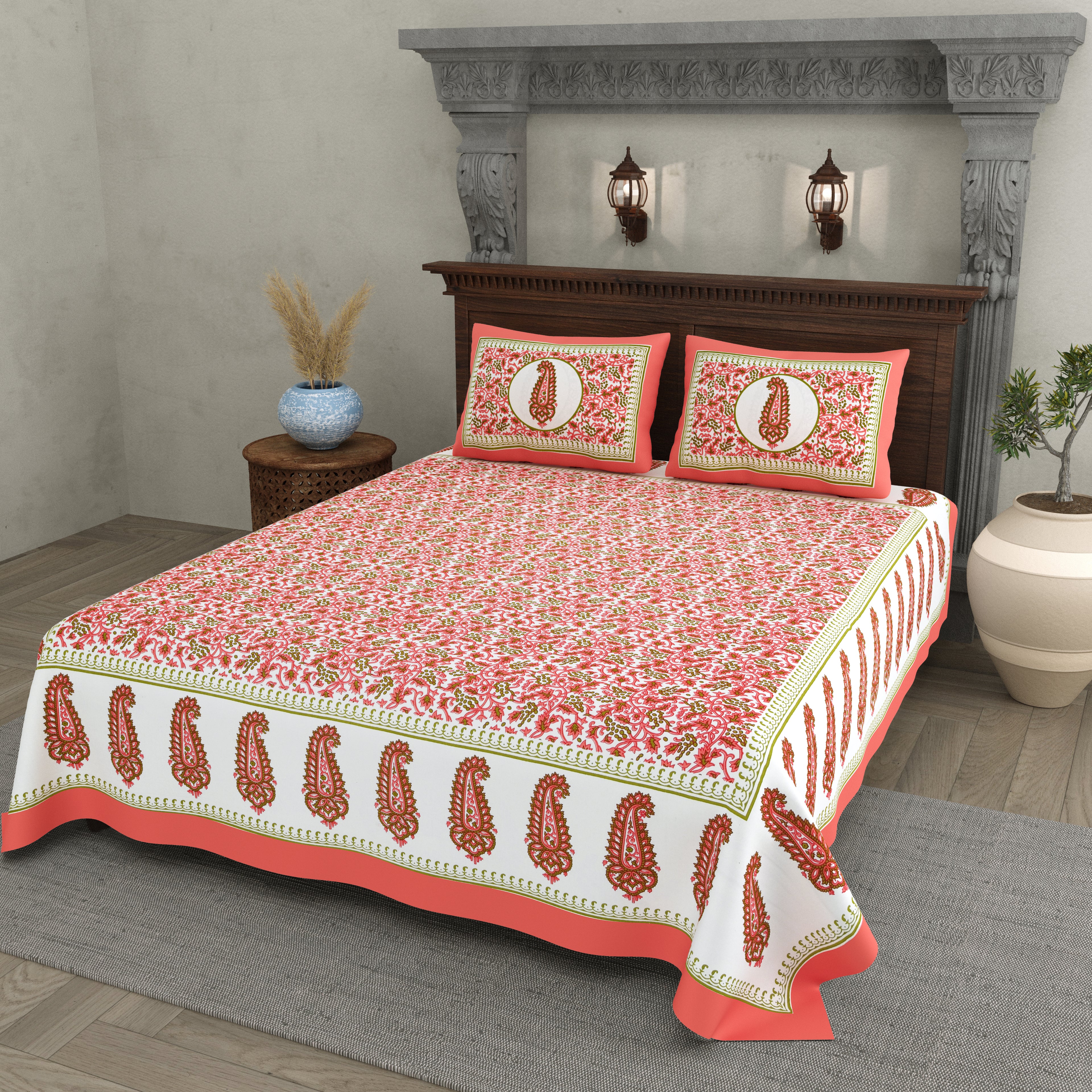 Paisley Buta Cotton Bedsheet – Coral & Olive Heritage Charm