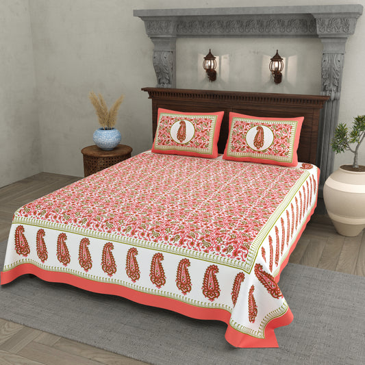 Paisley Buta Cotton Bedsheet – Coral & Olive Heritage Charm