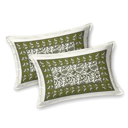 Verdant Charm – Olive Green Floral Symphony Bedsheet in Pure Cotton