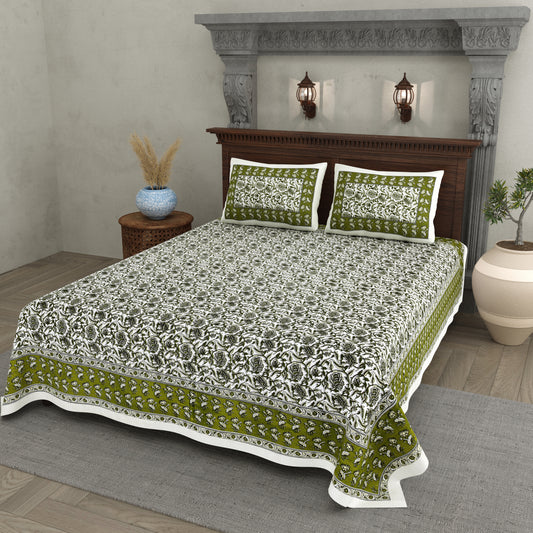 Verdant Charm – Olive Green Floral Symphony Bedsheet in Pure Cotton