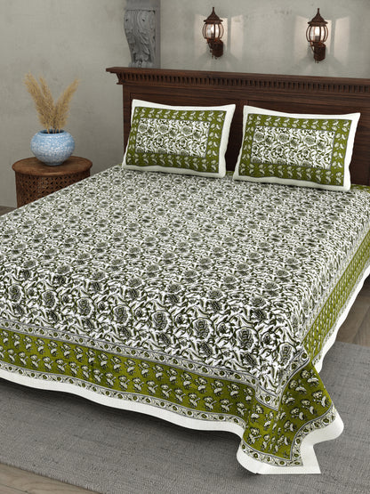 Verdant Charm – Olive Green Floral Symphony Bedsheet in Pure Cotton