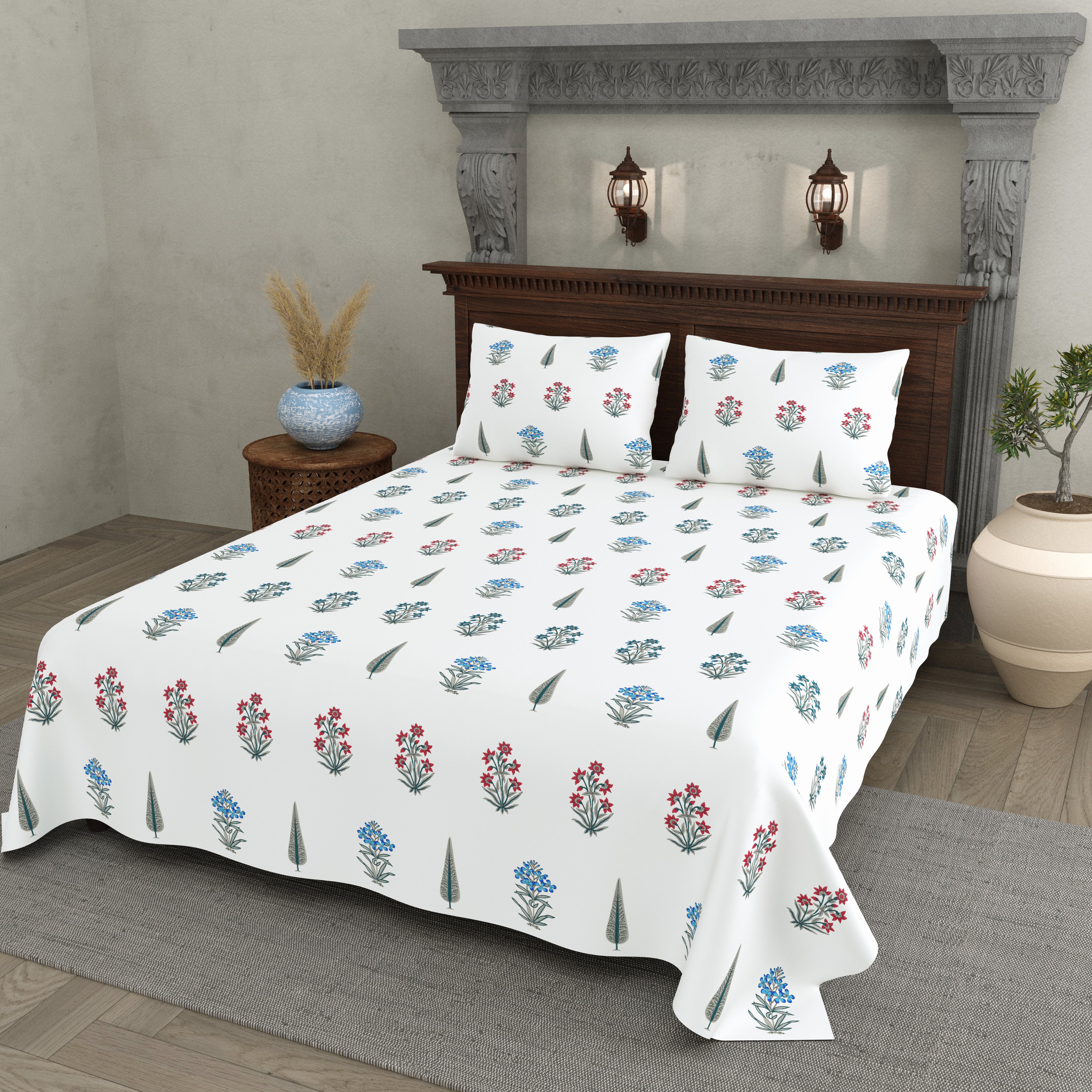 Grey Leaf Block Print Super King Bedsheet