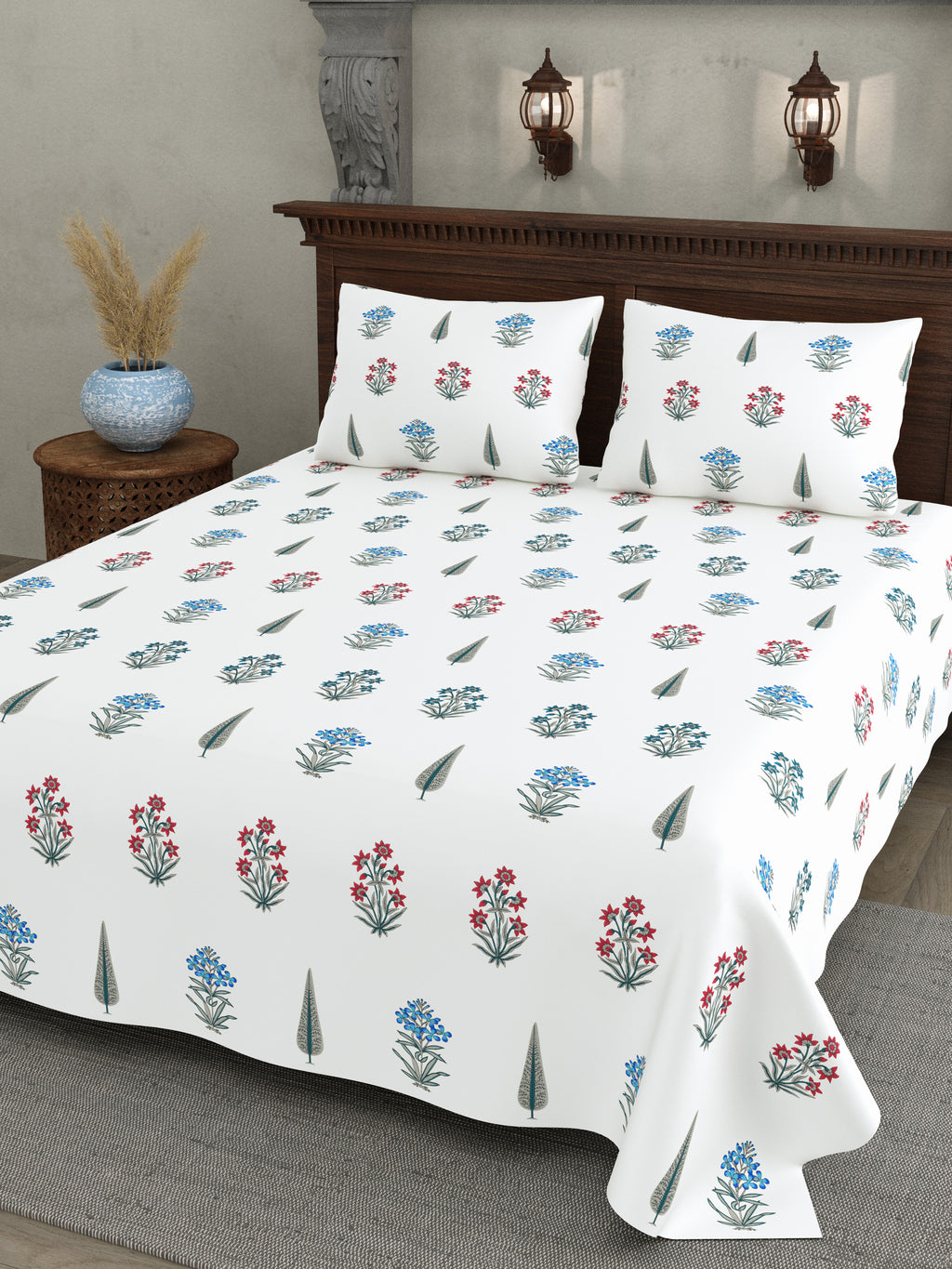 Grey Leaf Block Print Super King Bedsheet
