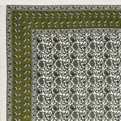 Verdant Charm – Olive Green Floral Symphony Bedsheet in Pure Cotton