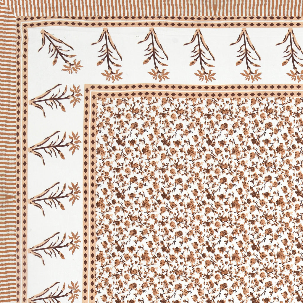 Jaipuri Floral Vine Cotton Bedsheet – Ochre Sand Serenity