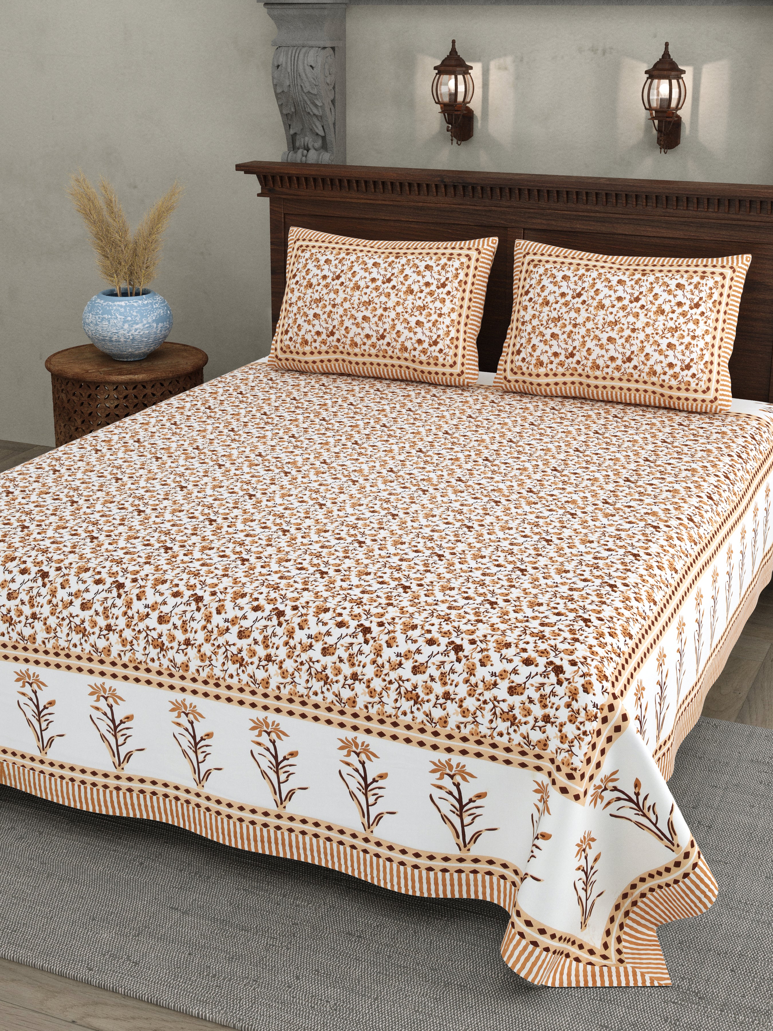 Jaipuri Floral Vine Cotton Bedsheet – Ochre Sand Serenity