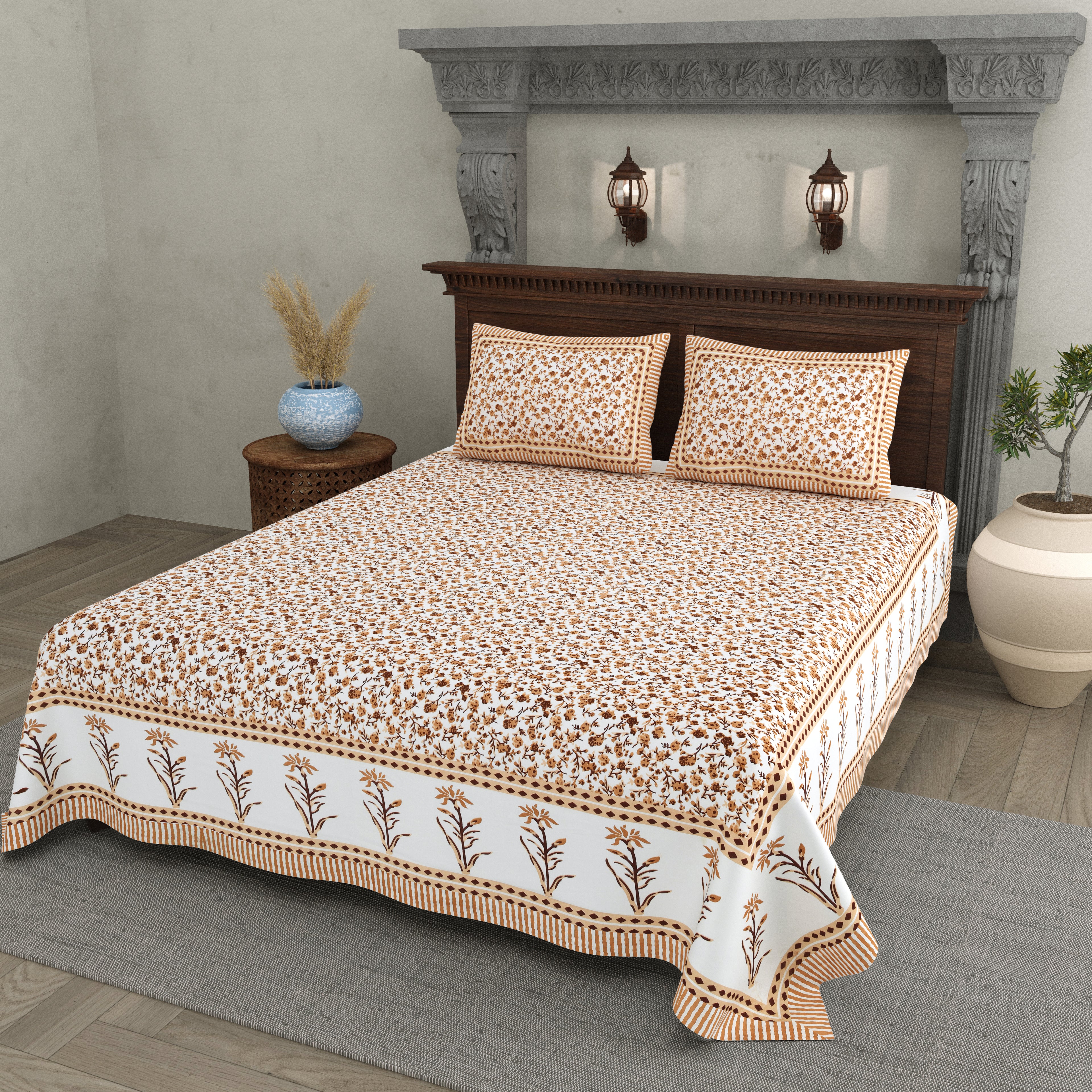Jaipuri Floral Vine Cotton Bedsheet – Ochre Sand Serenity