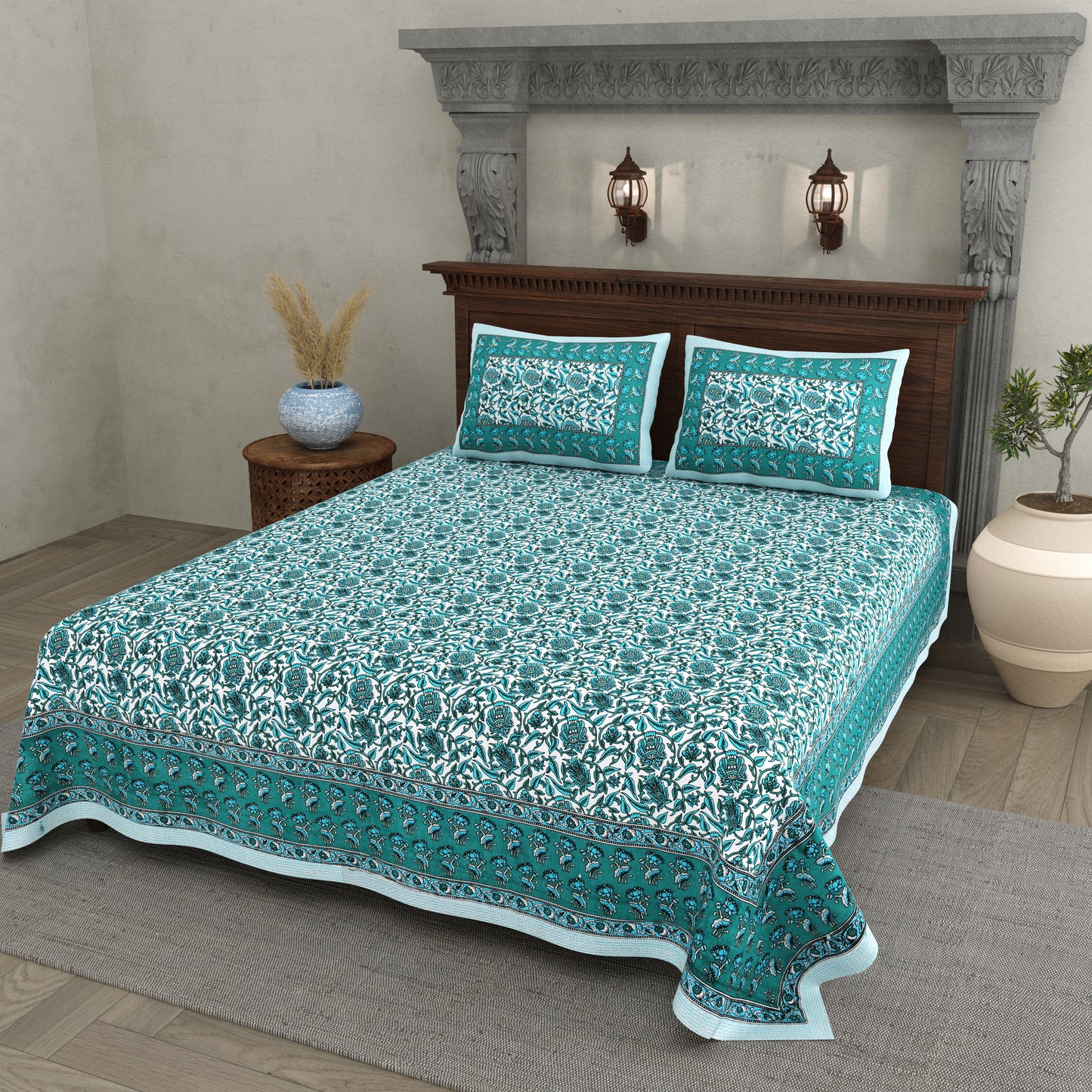 Teal Tranquility – Floral Cotton Bedsheet Set