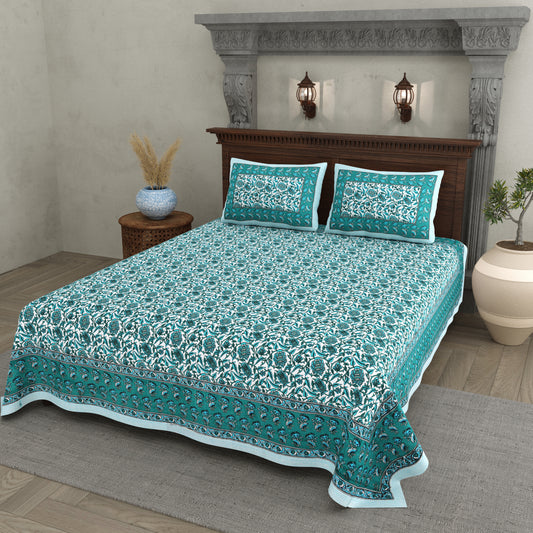 Teal Tranquility – Floral Cotton Bedsheet Set