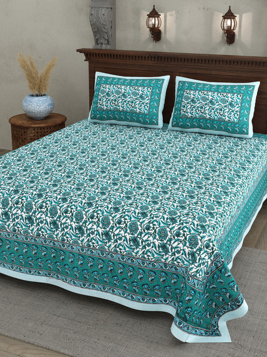 Teal Tranquility – Floral Cotton Bedsheet Set