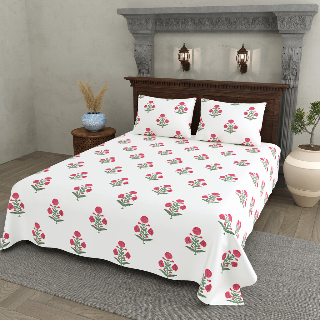 Pink Floral Block Print Cotton Super King Bedsheet