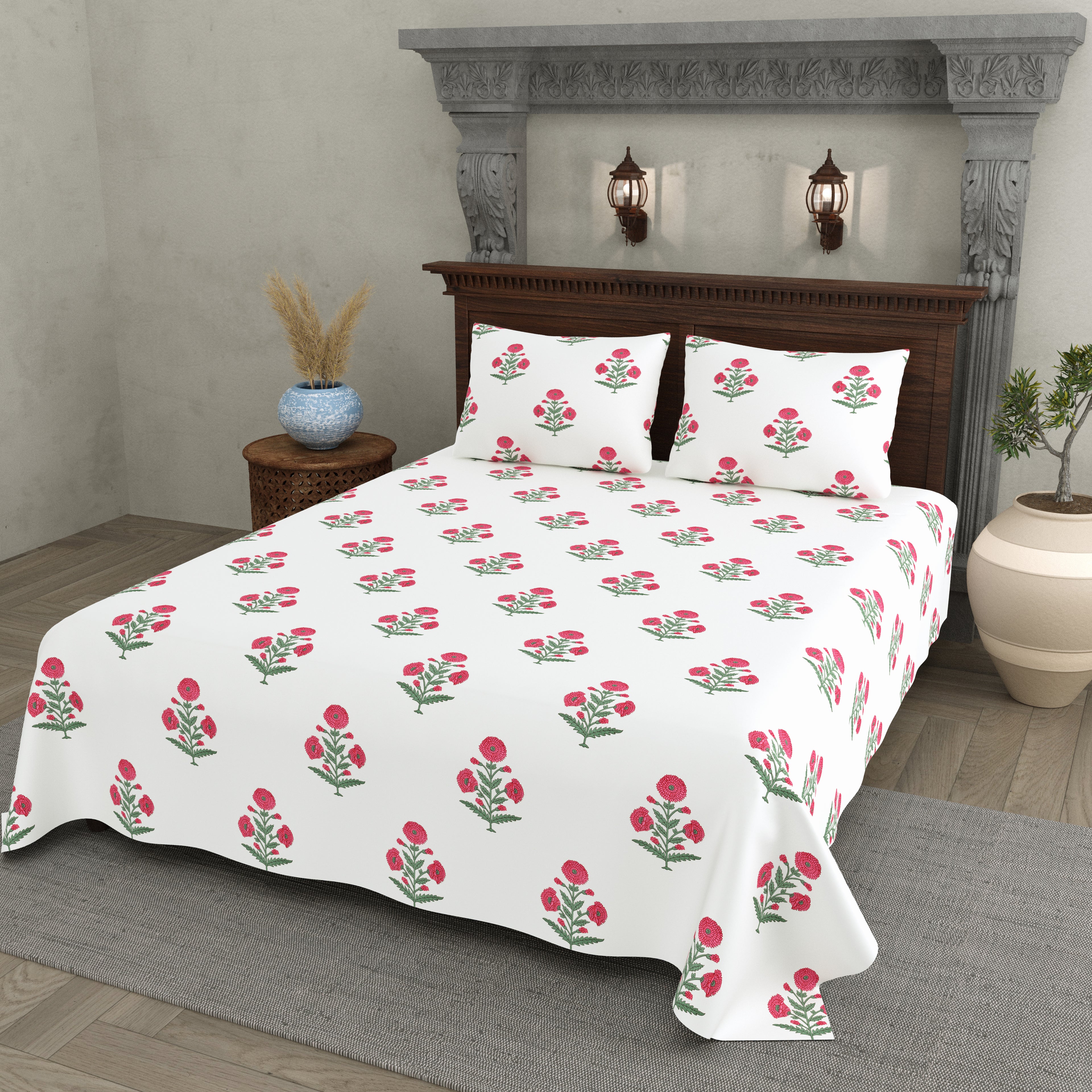 Pink Floral Block Print Cotton Super King Bedsheet