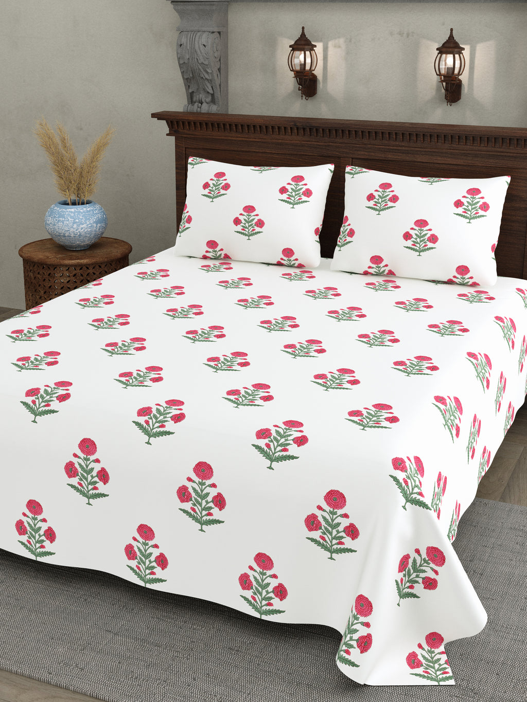 Pink Floral Block Print Cotton Super King Bedsheet