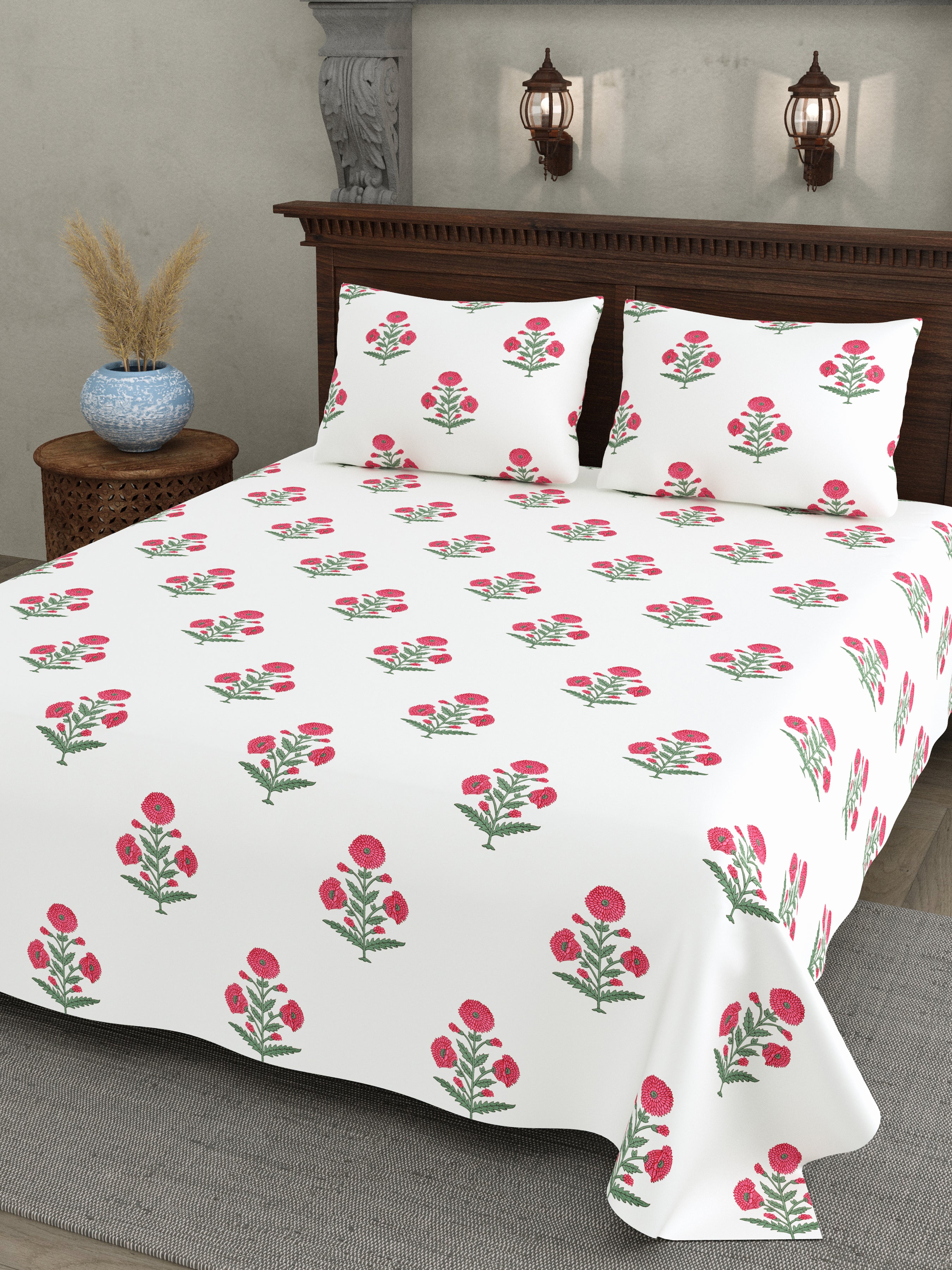 Pink Floral Block Print Cotton Super King Bedsheet