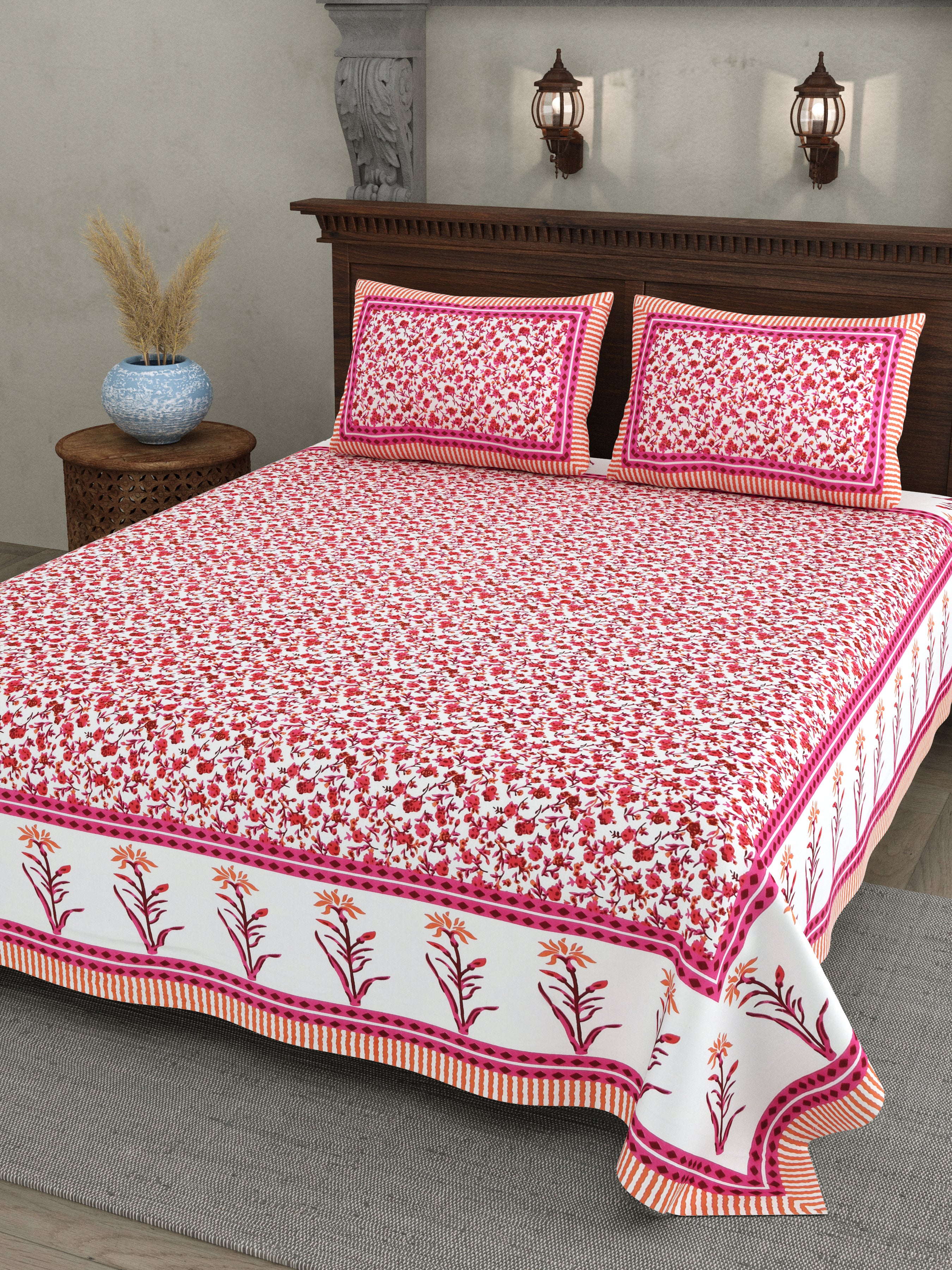 Jaipuri Floral Vine Cotton Bedsheet – Gulabi Meadow Charm