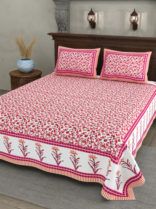 Jaipuri Floral Vine Cotton Bedsheet – Gulabi Meadow Charm