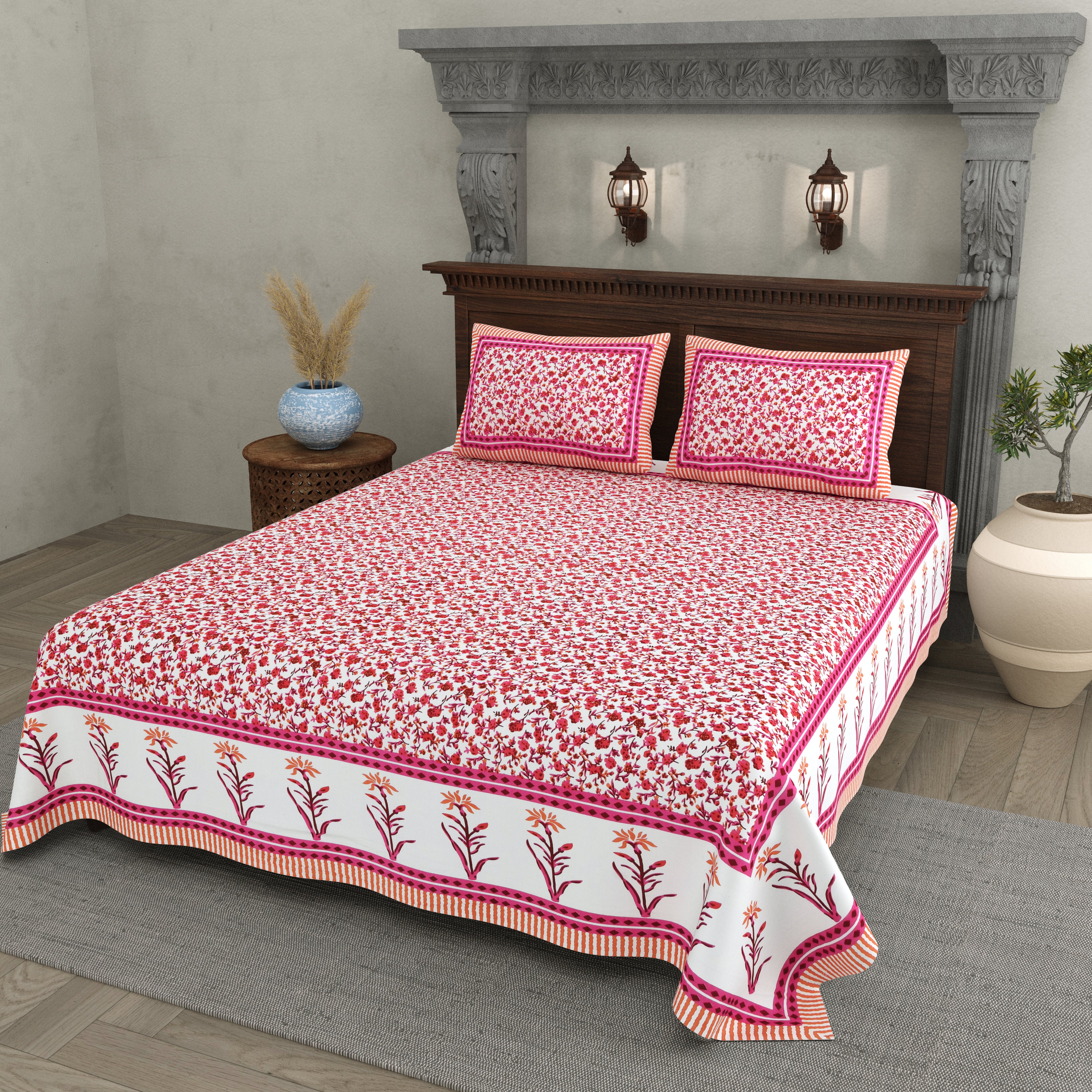 Jaipuri Floral Vine Cotton Bedsheet – Gulabi Meadow Charm