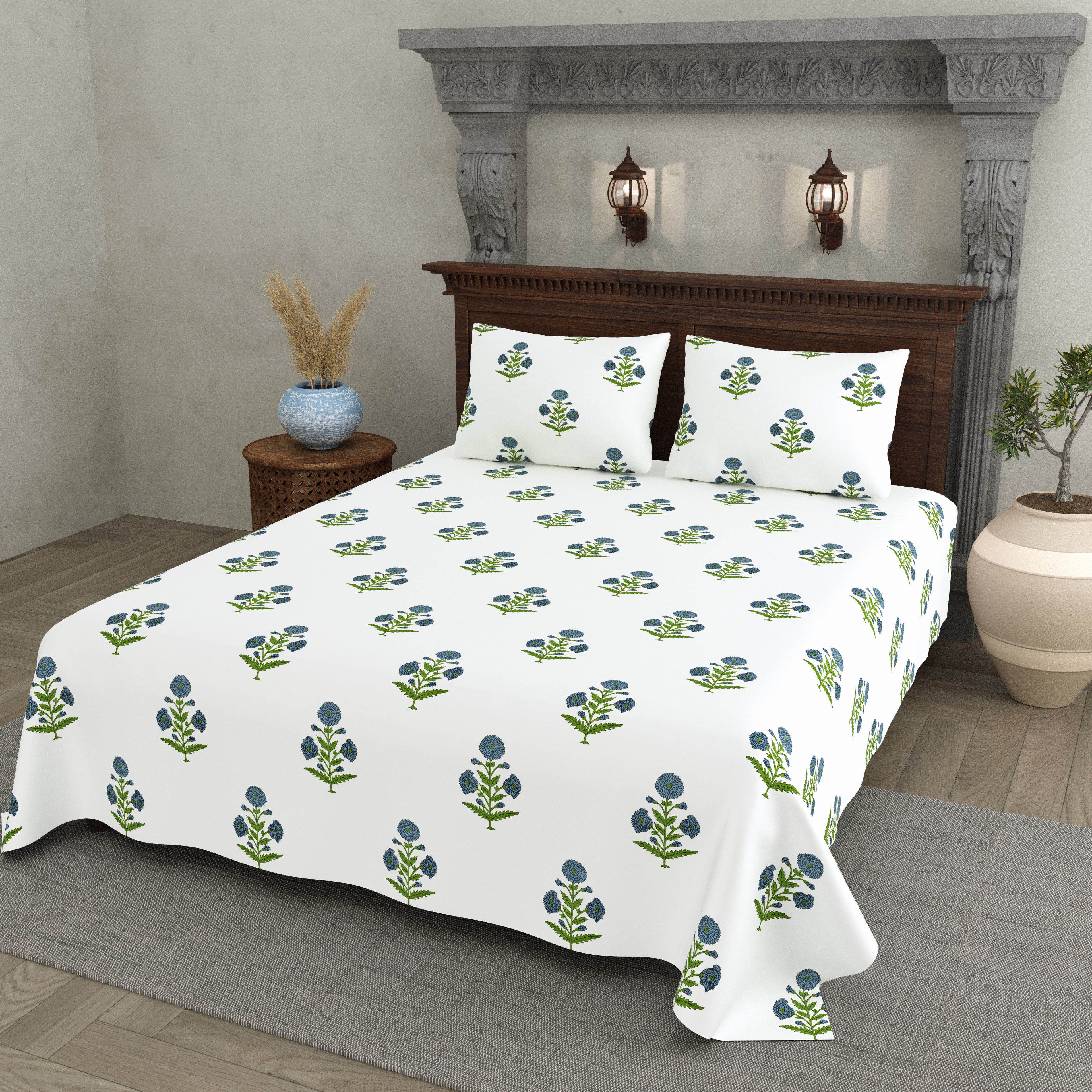 Blue Floral Block Print Cotton Super King Bedsheet