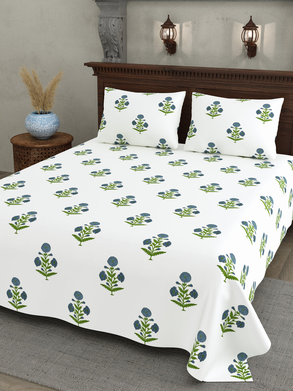 Blue Floral Block Print Cotton Super King Bedsheet