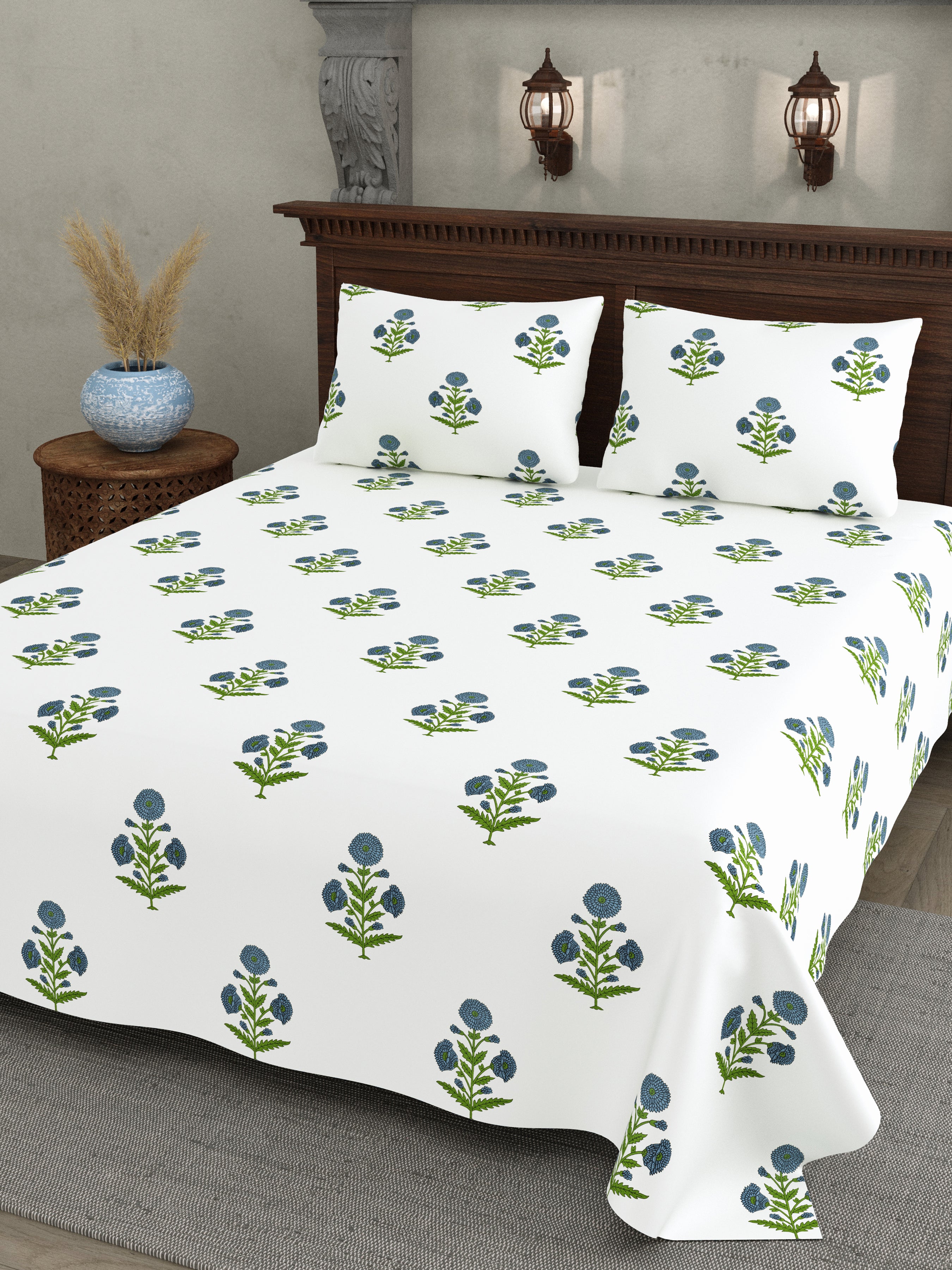 Blue Floral Block Print Cotton Super King Bedsheet
