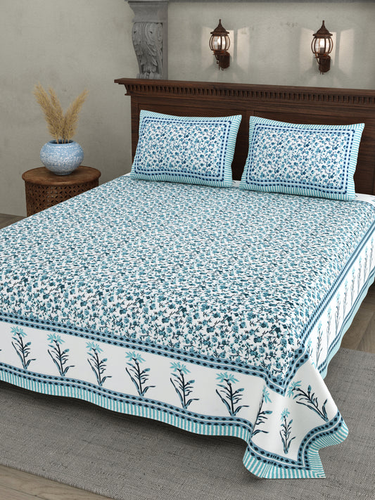 Jaipuri Floral Vine Cotton Bedsheet – Aqua Mist Serenity