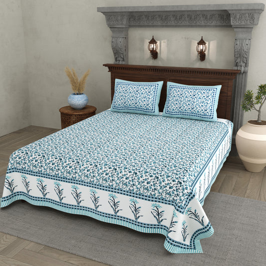 Jaipuri Floral Vine Cotton Bedsheet – Aqua Mist Serenity